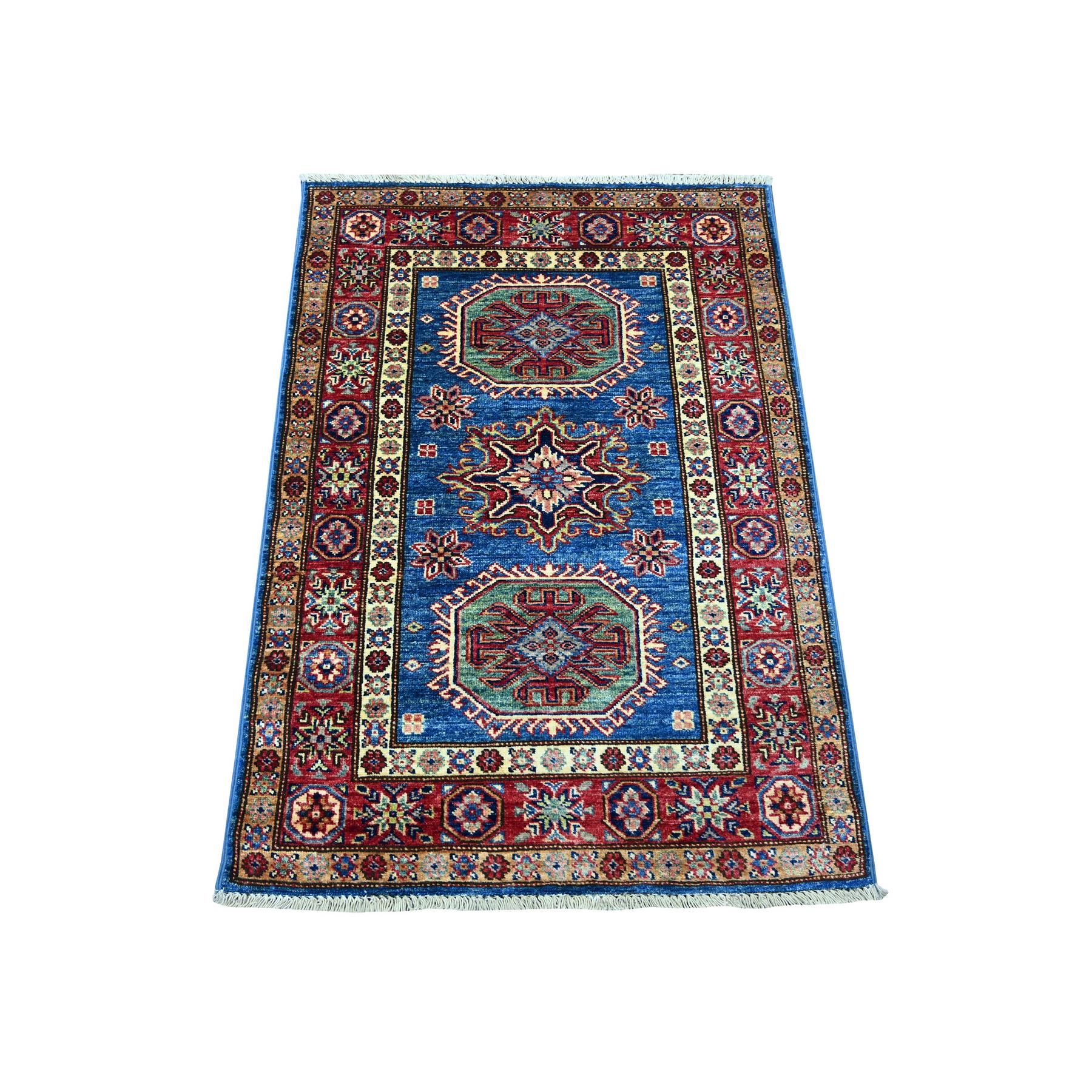 2'10"x4' Cerulean Blue, Afghan Super Kazak with Geometric Medallions Design, Hand Knotted, Vegetable Dyes, Pure Wool, Sample, Mat, Oriental Rug 